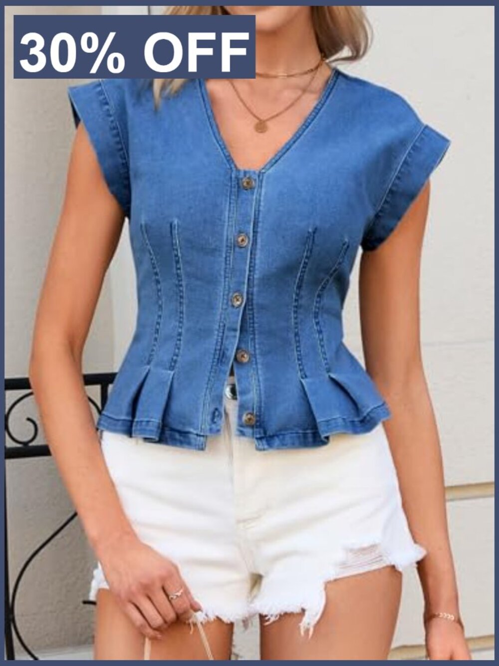 V Neck Denim Vest Top, Sleeveless Jean Vest, Pleated Hem, Casual Y2K Fitted - Picture 2 of 7